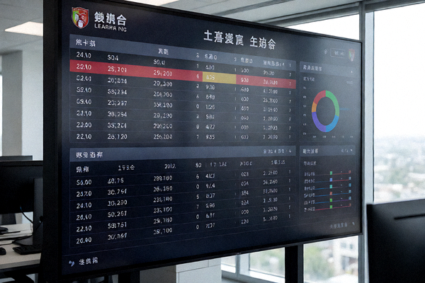 体育数据中心屏幕上显示联赛积分排名与统计图表